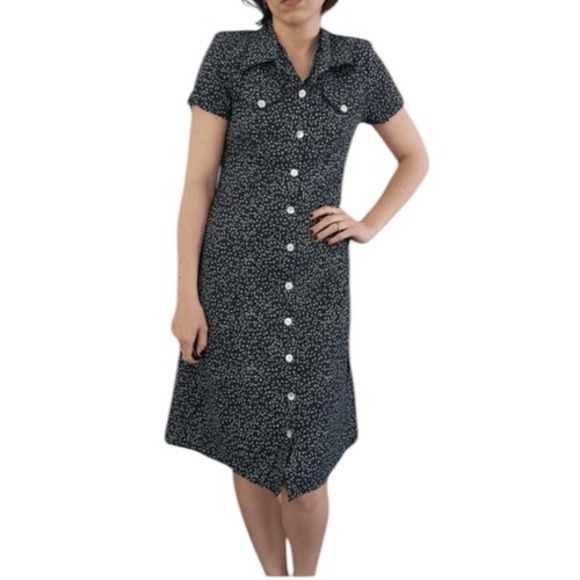 90s Vintage Byer California Womens sz 7 Black Floral Collared Button Midi Dress - Picture 2 of 6